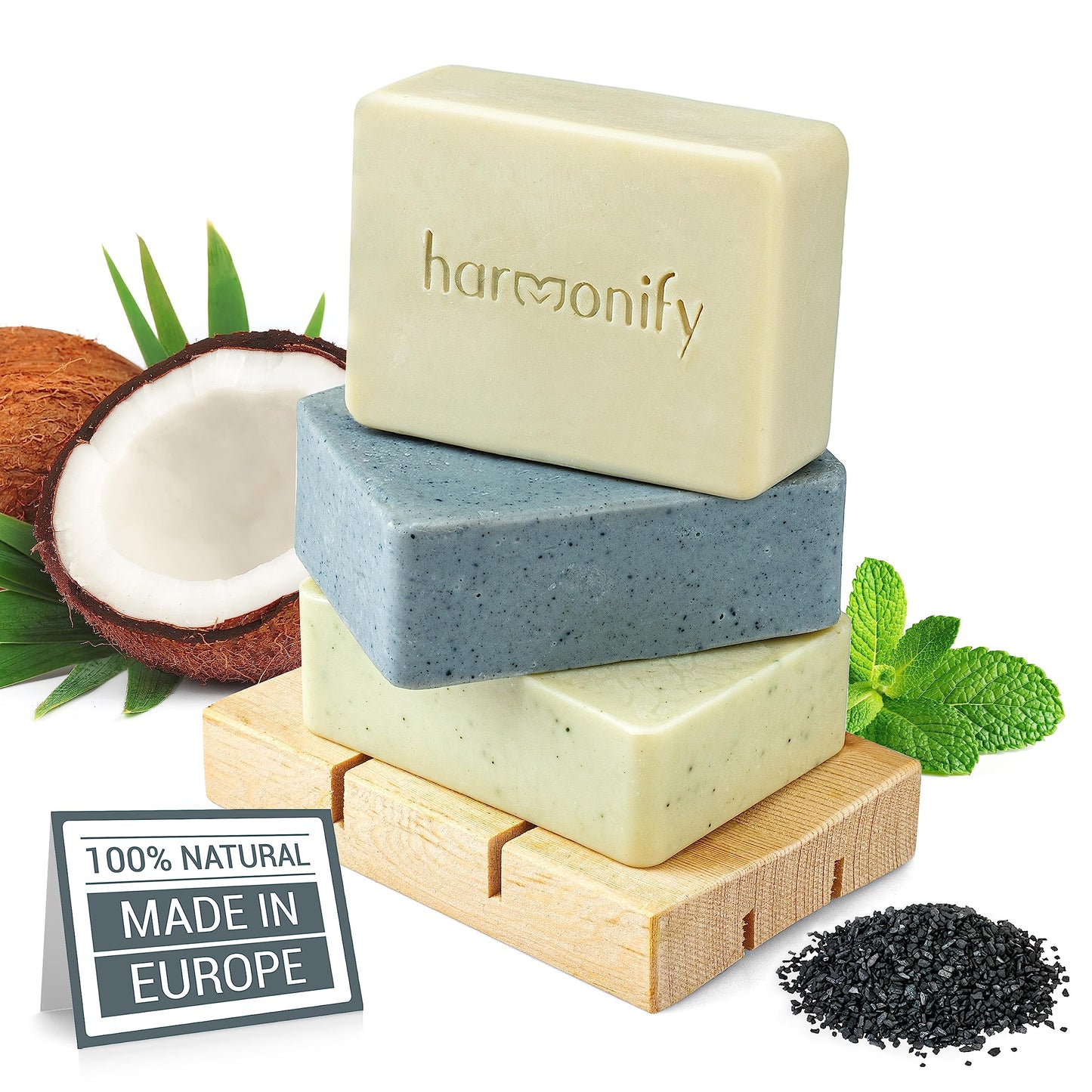 HARMONIFY All Natural Set of 3 Soap Bars, Mint, Coconut, Actived Charcoal with Wooden Soap Dish, Assortment of Hand-Made Soaps, Skin Revitalizing, Moisturizing, Healthy, Made in Europe