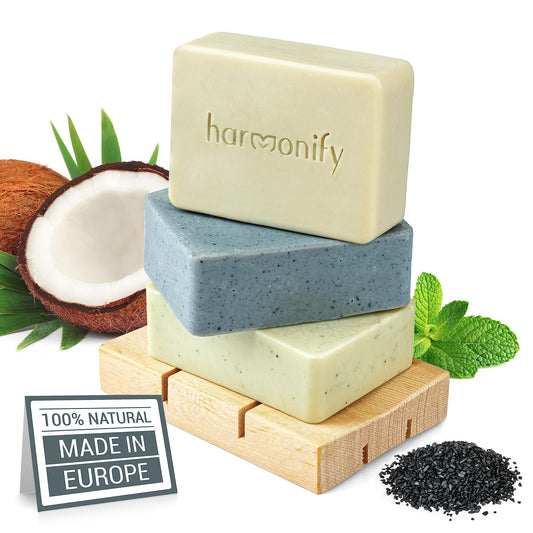 HARMONIFY All Natural Set of 3 Soap Bars, Mint, Coconut, Actived Charcoal with Wooden Soap Dish, Assortment of Hand-Made Soaps, Skin Revitalizing, Moisturizing, Healthy, Made in Europe