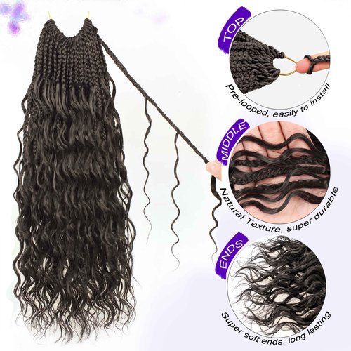 Goddess Box Braids Crochet Hair 14 inch Pure Protein Fiber Close to Human Hair 8 packs Boho Crochet Braids for Black Women Pre looped Bohemian Box Braid with Curly Ends Hair Extensions(14 inch, #4)