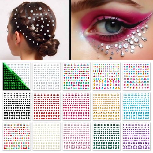 FACEGEM LONDON 15 Sheet Face Gems Rhinestone -SELF ADHESIVE- Rhinestones for Eyes Face Body Nails, Face Glitter, Nail Gems Rhinestone, Face Jewels Rhinestone for Party, Rave Festival, Make up