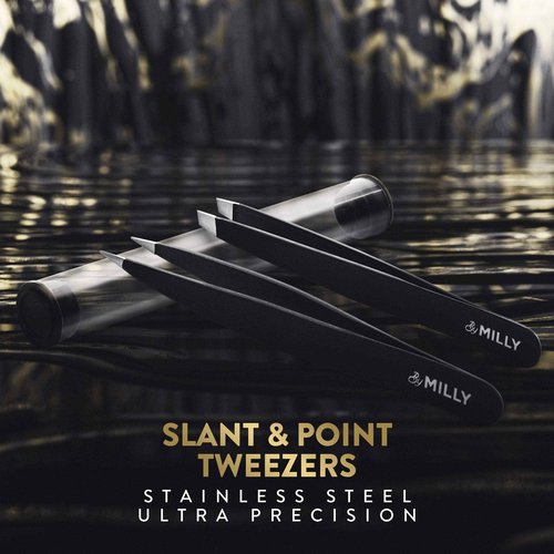 By MILLY Precision Tweezers Set | Slanted & Pointed Tip Tweezers Kit | High Carbon Stainless Steel | Aligned & Hand-Filed Tweezer Set Professional | Hair Removal & Eyebrow Tweezer Set | Black