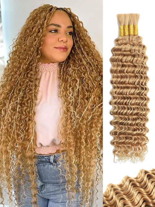 KULYMUWIG Blonde Human Braiding Hair for Boho Braids Deep Wave 18 Inch 100 g 4 Bundles Bulk Human Hair for Braiding No Weft 10A Curly Human Hair Extensions Wet and Wavy Color 27