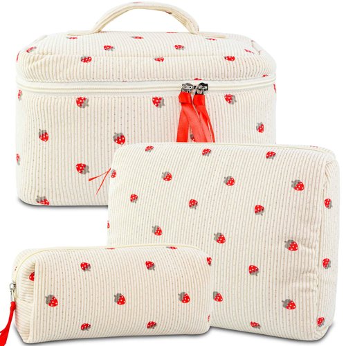 GISMTR 3PCS Makeup Bag Set, Quilted Cosmetic Bag, Large Travel Aesthetic Make up Bag, Cute Coquette Toiletry Bag for Women Girls