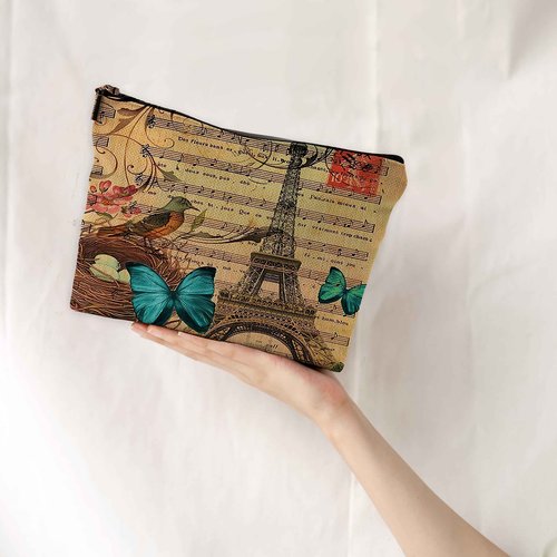 NEGIGA Modern Vintage Paris Eiffel Tower Floral Bird Butterfly Botanical Art Makeup Bag Travel Cosmetic Bags,Rustic French Style Cosmetic Bags with Zipper Pouch Travel Toiletry Case