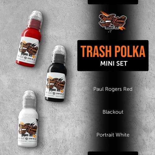 World Famous Trash Polka Mini Tattoo Ink Pigment Set of 3, Vegan, Professional Supplies, 1oz Bottles, Paul Rogers Red, Blackout, Portrait White