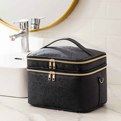 HBlife Extra Large Double Layer Travel Makeup Bag Portable Leather Cosmetic Bag Make Up Bag Makeup Case Organizer Toiletry Bag for Women Girls with Handle, Removable Divider and Shoulder Strap (Black)