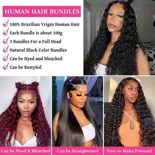 Deep Wave Human Hair Bundles 100% Unprocessed Human Hair 1 Bundle 22 Inch Water Wave Bundles Human Hair for Women Natural Black Color Curly Hair Extensions