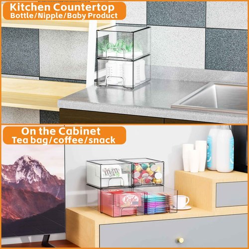 Yieach 4 Pack Clear Stackable Storage Drawers,4.4'' Tall Acrylic Drawer Containers for Organizing,Bathroom Organizers and Storage Bin Box,Plastic Makeup,Medicine Organizer Bins for Cabinet,Undersink