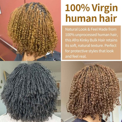 Pre-sretched Afro Kinkys Bulk Human Hair for Permanent Micro Locs/Twists/Braids/Repair Locs Afro Kinky Curly Bulk Length and Thickness Extending(#4,14inch 50g)