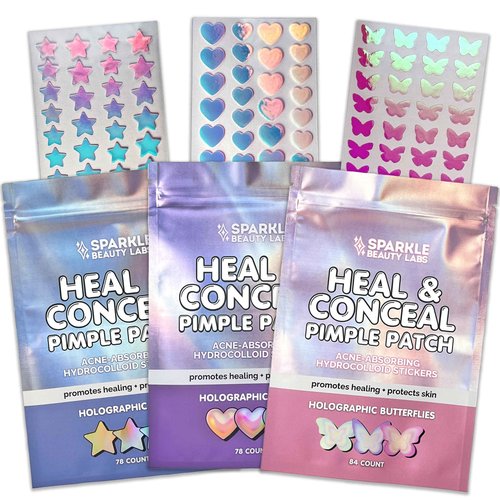 Sparkle Beauty Labs Heal & Conceal Holographic Cute Pimple Patch Bundle (240 Count) Iridescent Star, Heart & Butterfly Shaped Hydrocolloid Acne Patches for Face, Fun Hydrocolloid Zit Stickers