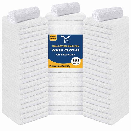 YRALY Cotton Washcloths Bulk (60 Pack) - 100% Ring Spun Cotton, Premium Quality Face Cloths, Highly Absorbent and Soft Fingertip Towels, Wash Cloths (12x12 inch, White)