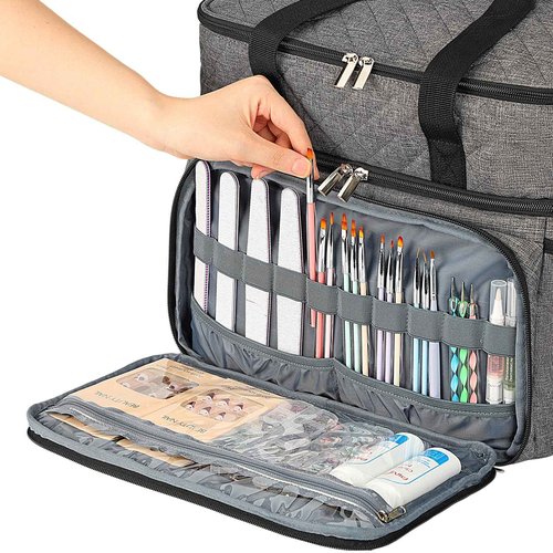 HOMEST Double Layer Nail Polish Organizer Holds 80 Bottles (15ml/0.5 fl. oz) and a Lamp, Case with 2 Removable Pouches for Manicure Tools Storage, Grey(Bag Only)