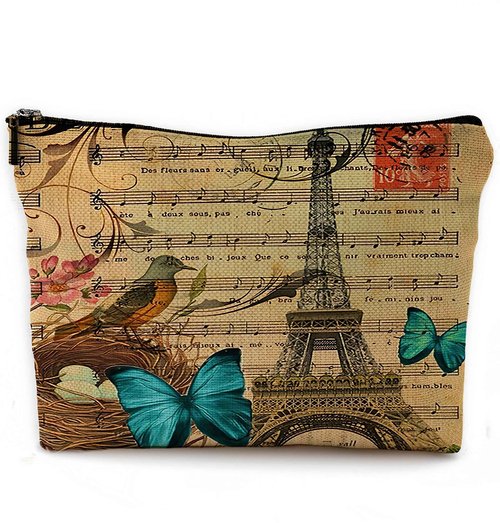 NEGIGA Modern Vintage Paris Eiffel Tower Floral Bird Butterfly Botanical Art Makeup Bag Travel Cosmetic Bags,Rustic French Style Cosmetic Bags with Zipper Pouch Travel Toiletry Case