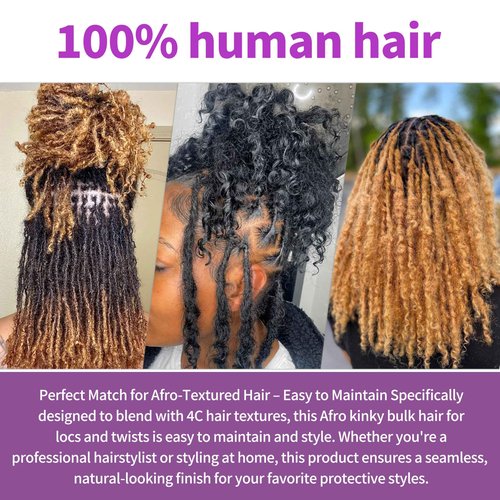 Pre-sretched Afro Kinkys Bulk Human Hair for Permanent Micro Locs/Twists/Braids/Repair Locs Afro Kinky Curly Bulk Length and Thickness Extending(#4,14inch 50g)