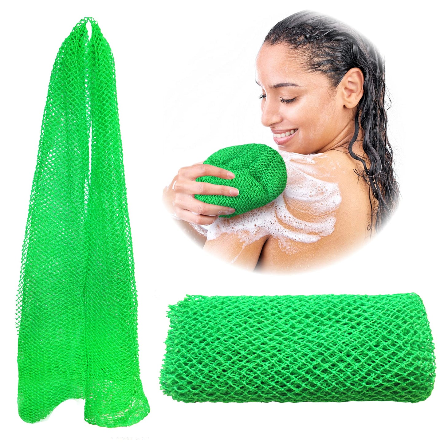 Adeton Sapo African Net Sponge, Exfoliating Body Scrubber, Body Exfoliator, Long Net Sponge, 17 Colors, Shower Bath Accessories, Back Foot Scalp Scrub, Flat Dead Skin Remover Body Wash (Green)