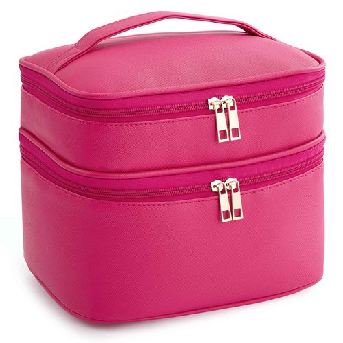 Makeup Bag for Women X-Large Travel Makeup Bag Organizer Portable Toiletry Bag Cute Makeup Bags Waterproof Leather Cosmetic Bag Makeup Case with Removable Dividers, Rose Red