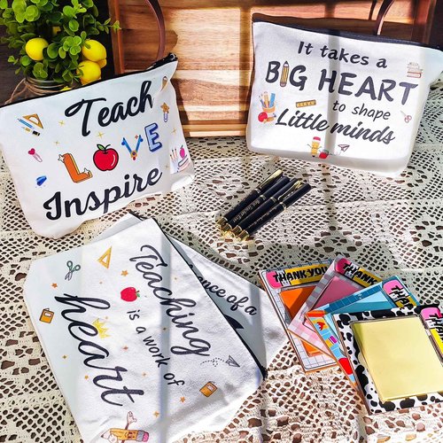 ONEHAUS Teacher Gifts 4 Set, Teacher Appreciation Gifts in Bulk Thank You Best Teachers Gift, Gift for Teachers Makeup Bag, Sticky Note, Pen for Graduation End of Year Back to School Christmas