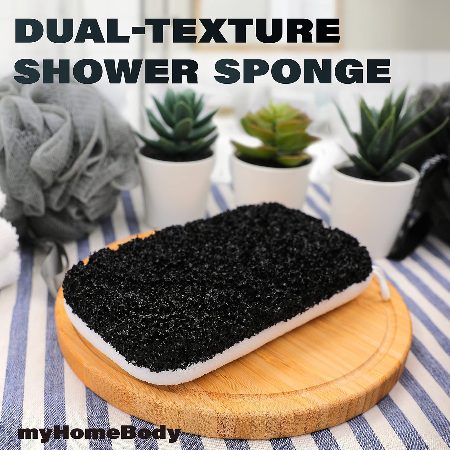 myHomeBody Dual-Texture Shower Sponge Extra Exfoliating Sponge, Body Scrubber Body Exfoliator, Body Sponge for Exfoliating Scrub, Loofah Sponge for Men, Body Scrubbers for Use in Shower, 1pc