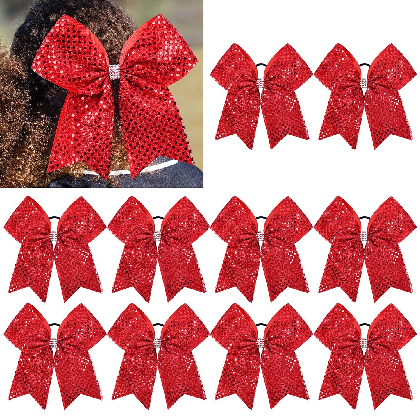 CEELGON Red Glitter Cheer Bow Bulk Large Hair Bows Breast Cancer 8inch for Toddler Girls Jumbo Cheerleading Ponytail Holder Team Gifts for Teen Hair Ribbons Softball Cheerleader Pack of 10