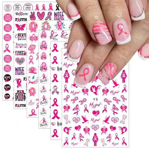 Breast Cancer Awareness Nail Art Stickers Pink Ribbon Nail Decals 3D Self Adhesive Nail Decals Butterfly Heart Flower Design Nail Sticker Breast Cancer Nail Supplies for Women Decoration 6 Sheets