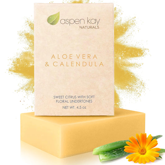 Aspen Kay Naturals Handmade Aloe Vera & Calendula Soap for Face & Body - Natural & Organic Ingredients - Organic Aloe Vera, Calendula & Turmeric - Shaving Soap – Made in the USA 4.5 oz