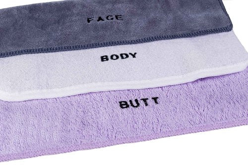 Crafty Cloth 6-Piece Washcloth Set – Face, Body, Butt Cloths | 3 Distinct Textures | Ultra-Soft, Rigid Exfoliation, and Hygiene Cloths for Sensitive Areas (Gray,White,Purple, Embroidered 6-Piece Set)