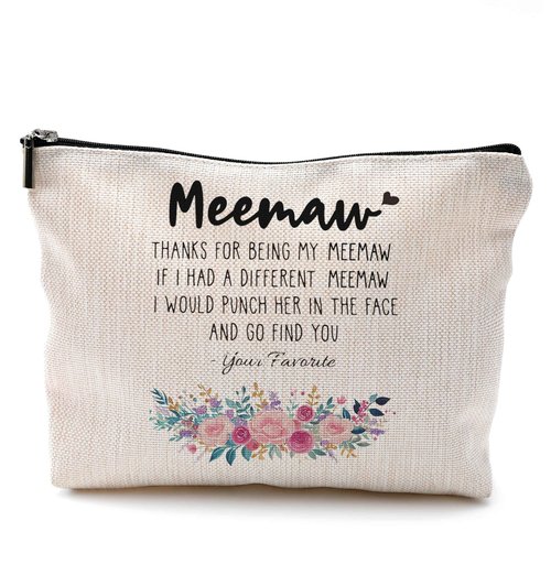 QGFM Funny Meemaw Gifts Makeup Cosmetic Bag - Memaw Mothers Day Gift, Memaw Grandma Gifts from Grandkids, Memaw Birthday Gifts, Best Grandma Gifts, Meemaw Floral Small Makeup Bag for Purse