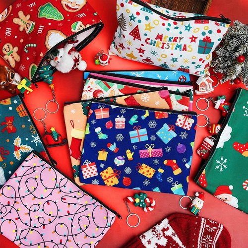 Kacctyen 24 Pcs Christmas Cosmetic Bags and Keychains for Women Makeup Bags with Zipper Santa Snowman Bells Candy Cane Keychain Toiletry Organizer for Christmas Party Favor Xmas Gifts