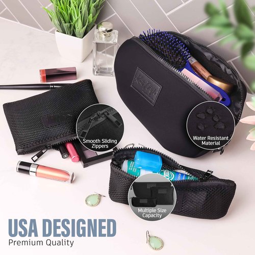 Kat Myhr Neoprene Washable Travel Makeup & Cosmetic Bag Set, 2 Air Mesh Pouches,100% Neoprene Toiletry Bag, Large Water Resistant Travel Bag for Toiletries, Makeup Cosmetic Travel Bag (Jet Black)