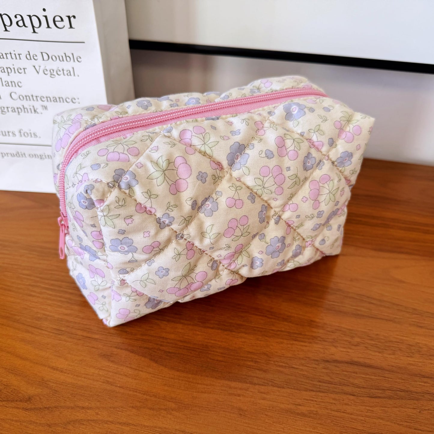 ZUNUONUO Cotton Quilted Makeup Bag Coquette Accessories Make up Bag Organizer Cute Floral Cosmetic Pouch Travel Makeup Bag for Women (Fruits)