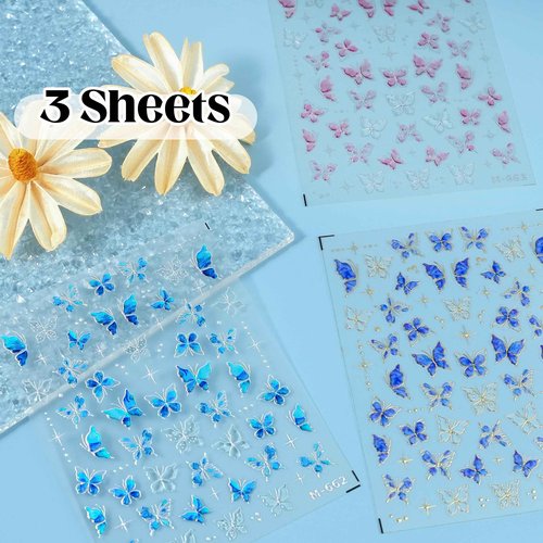 Butterfly Nail Stickers 3D Sickers for Nails Art Design Fingernail Stickers Self-Adhesive Nail Supplies Accessories for Women DIY Decoration(Shiny Butterfly)
