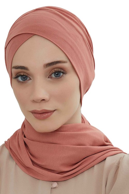Aisha's Design Instant Turban Hijab Scarves for Women, 95% Cotton Pre-tied Jersey Head Wrap Bonnet & Shawl, Salmon