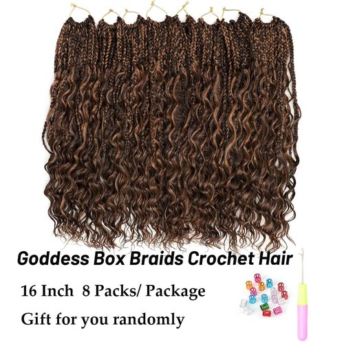 Eerya 8 Packs Boho Goddess Box Braids Crochet Hair for Black Women 16 inch Pre-looped Bohemian Crochet Box Braids With Curly Ends Synthetic Crochet Hair Extensions (16 inch, P4/30)