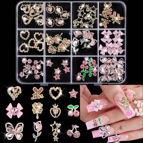 60 Pcs Nail Charms Y2k Alloy Nail Art Charms 3D Gold Heart Star Bow with Rhinestones Pink Cherry Tulips Nail Gems Shiny Jewelry Nail Decorations Accessories Supplies 3
