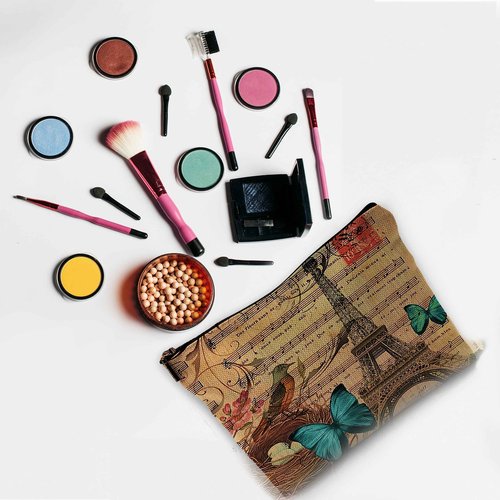 NEGIGA Modern Vintage Paris Eiffel Tower Floral Bird Butterfly Botanical Art Makeup Bag Travel Cosmetic Bags,Rustic French Style Cosmetic Bags with Zipper Pouch Travel Toiletry Case