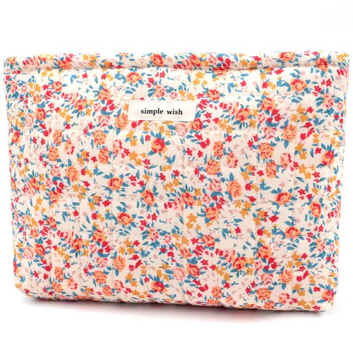 URSKYTOUS Cotton Quilted Makeup Bag for Women Coquette Floral Cosmetic Bag Cute Zipper Cloth Makeup Pouch for Purse Trendy Aesthetic Orange Flower Makeup Bag Travel Skincare Toiletry Bag Organizer
