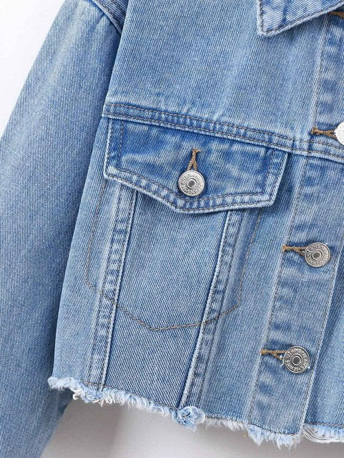 Verdusa Girl's Raw Hem Crop Denim Jacket Long Sleeve Shacket Single Breasted Spring Fall Outerwear Light Blue 12 Years