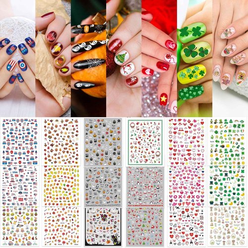 Whaline 18 Sheets Fall Nail Art Stickers All Holiday Nail Decals All Season Halloween Christmas Winter Valentine 4th of July Self-Adhesive Nail Decals for Xmas DIY Manicure Party Decor