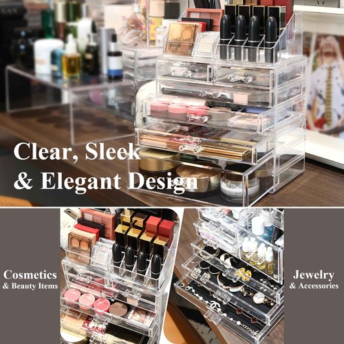 Sea Team 3-Layer Stackable Clear Makeup Organizer with Drawers, Acrylic Plastic Cosmetic Display Case, Jewelry Storage Box for Dresser, Bathroom, Vanity, Countertop (6 Drawers, 1 Lipstick Holder)
