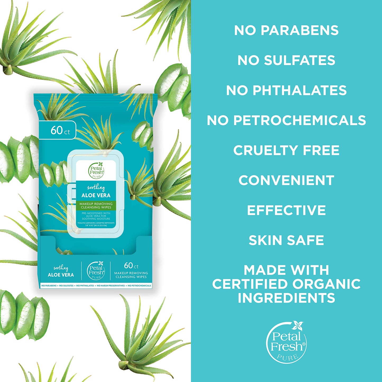 Petal Fresh Soothing Aloe Vera, Makeup Removing, Cleansing Towelettes,Gentle Face Wipes, Daily Cleansing, Vegan and Cruelty Free, 60 count