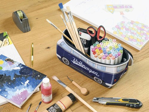 BRISA VW Collection - Volkswagen Neoprene Universal Makeup Cosmetics Toiletry Travel Pharmacy Bag in T1 Bus Design (Blue) (Small (9.1 x 4.3 x 3.1 inches))