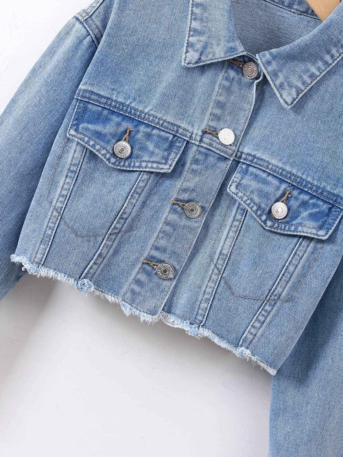 Verdusa Girl's Raw Hem Crop Denim Jacket Long Sleeve Shacket Single Breasted Spring Fall Outerwear Light Blue 12 Years