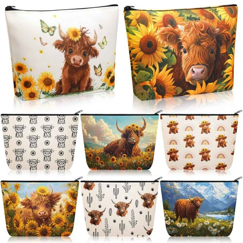 Bulyoou 8 Pcs Highland Cow Makeup Bag Bulk Western Cowgirls Gifts for Women Sunflower Daisy Floral Cow Print Makeup Bag Spring Highland Cow Lover Gifts for Mothers Day, Birthday