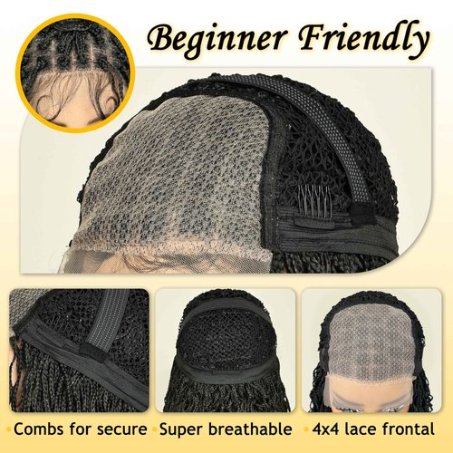 SOKU Short Braided Wig, Black Braided Wigs for Black Women 13 Inch Glueless 4x4 Mini Twist Lace Frontal Box Braid Wig with Baby Hair Ready to Wear for African American Women