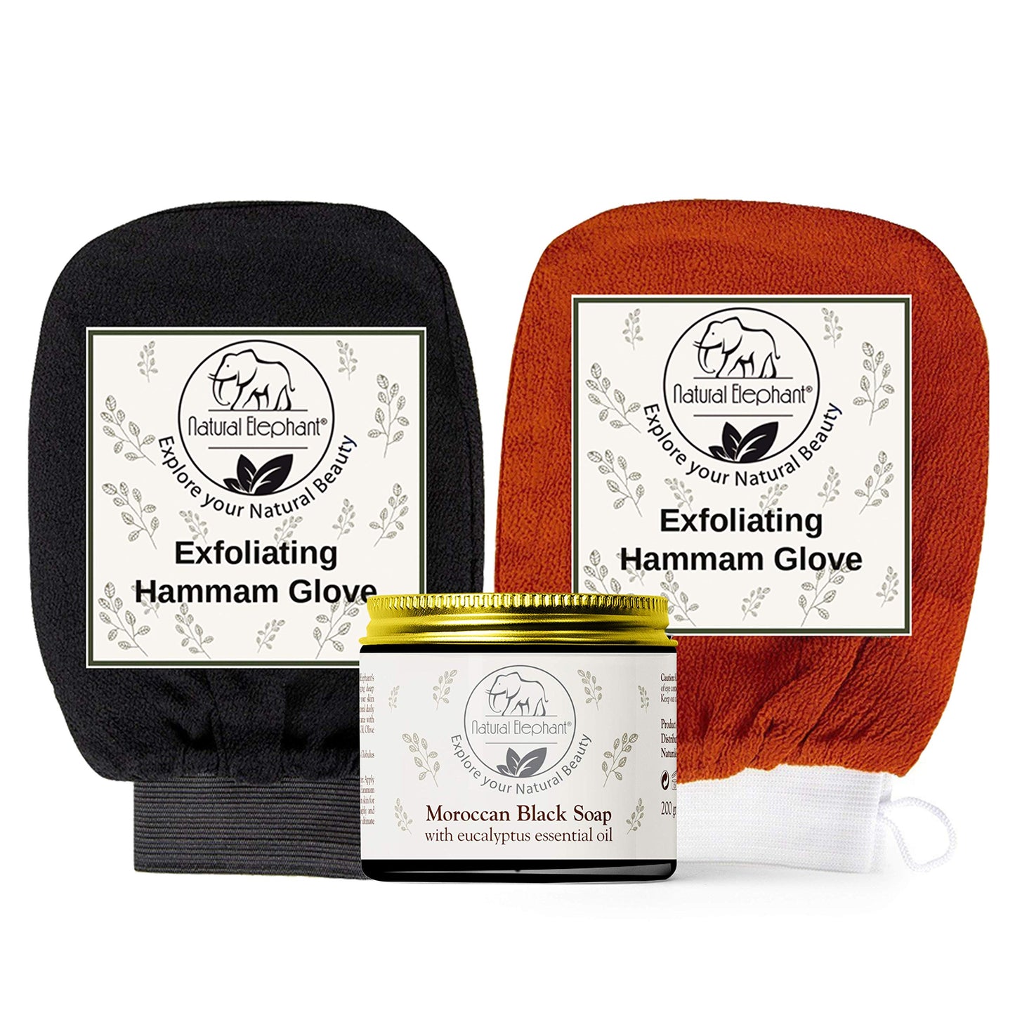 Natural Elephant Moroccan Black Soap 200g (7oz) and 2 Pack Exfoliating Hammam Glove Combo (Black and Orange)