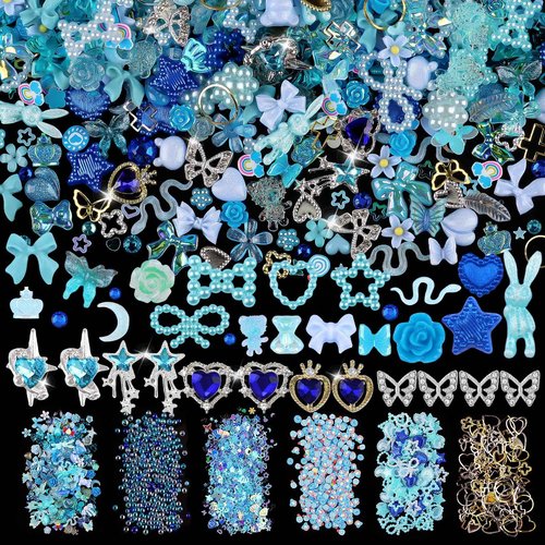 650pcs Mixed 3D Nail Charms Kit, 12pcs Luxury Metal Nail Rhinestones and 250pcs Resin Butterfly Flower Star Heart Bow Charms with 400pcs Flatback Pearls Rhinestone Metal Gems Charm (Blue)