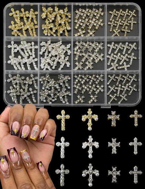 OPMADM 120 Pcs 3D Cross Nail Charms 12 Grids Metal Nail Art Charms White Gold Silver Gold Cross Charms for Nails
