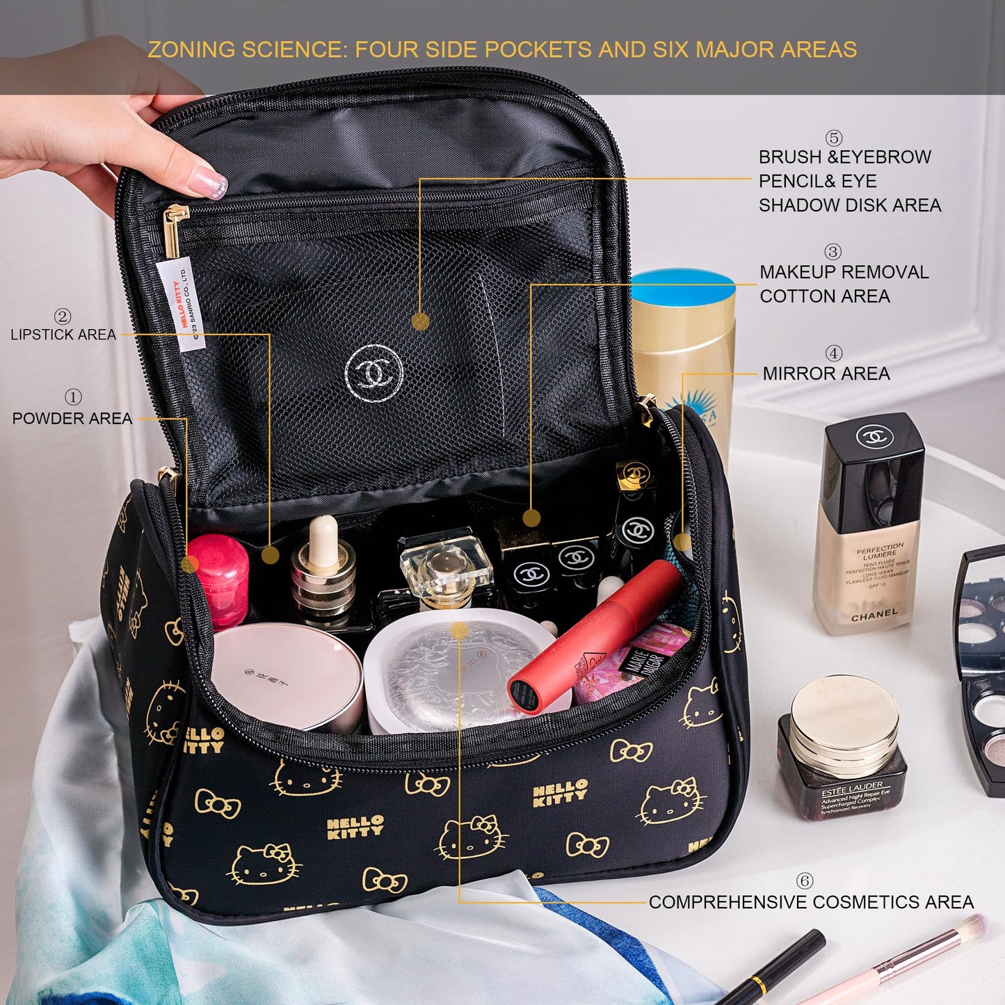 BeautyTimes Large Makeup Bag Travel Cosmetic Bags with Handle Storage Bag Brush Zipper Case Organizer for Women (Black-C)