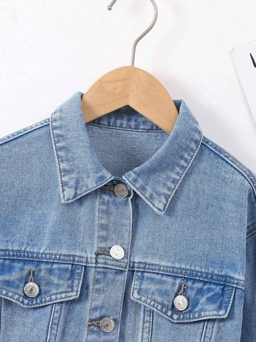 Verdusa Girl's Raw Hem Crop Denim Jacket Long Sleeve Shacket Single Breasted Spring Fall Outerwear Light Blue 12 Years