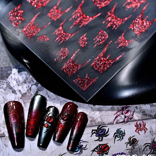 Dark Gothic Halloween Nail Stickers 3D Realistic Evil Spiders & Bloody Spider Web Self-Adhesive Nail Art Decoration for Women Girls Halloween Party